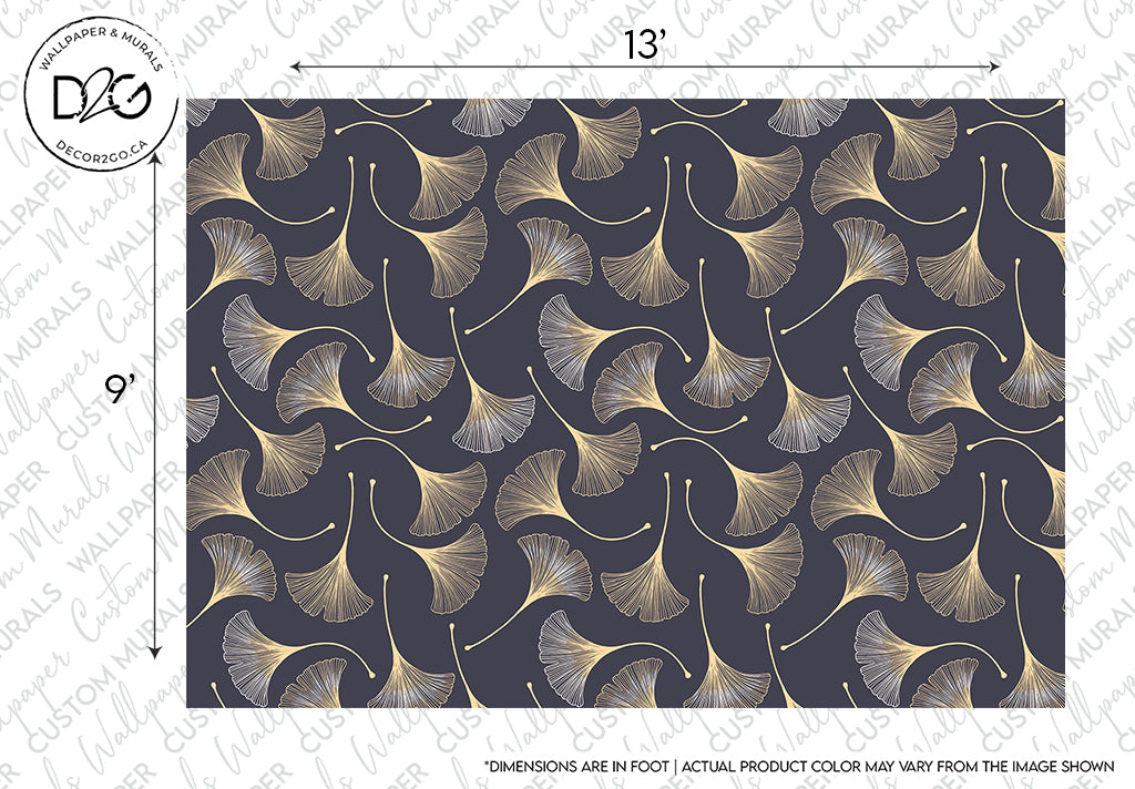 A Japanese Flowers Wallpaper Mural sample by Decor2Go Wallpaper Mural featuring a dark navy background with a repetitive pattern of stylized golden Ginko leaves motifs. The design includes a measurement scale and a logo at the corner, adding a luxurious touch.