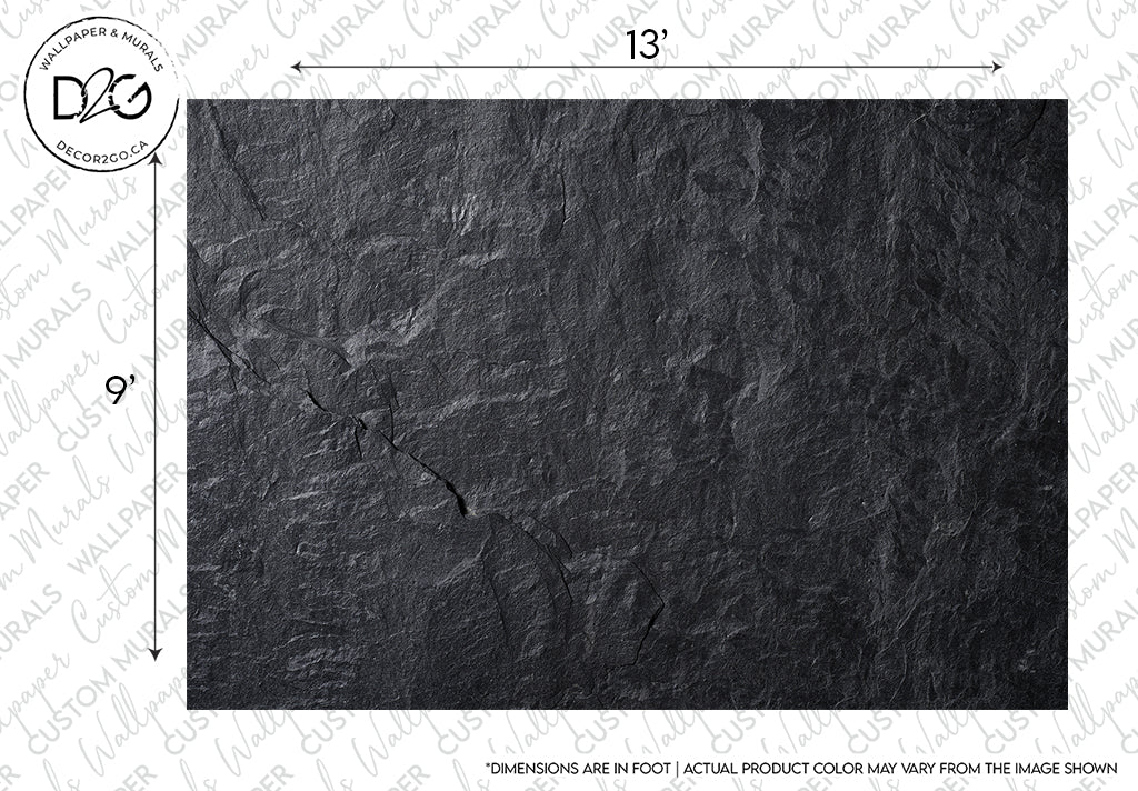 Textured dark gray Decor2Go Wallpaper Mural sample of Lava Rocks wallpaper with visible natural patterns and light text annotations indicating dimensions and brand information.