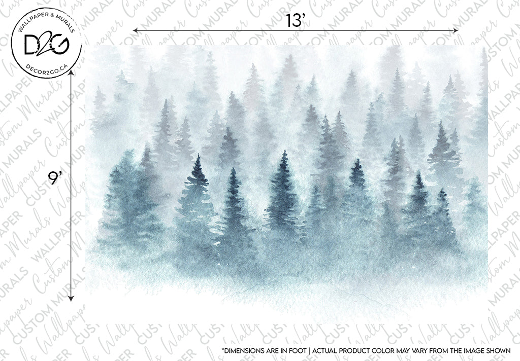 Watercolor painting of a serene pine forest in misty shades of blue, measuring 13 by 9 inches, with an artist’s logo at the top left, perfect for complementing rustic wood furniture.