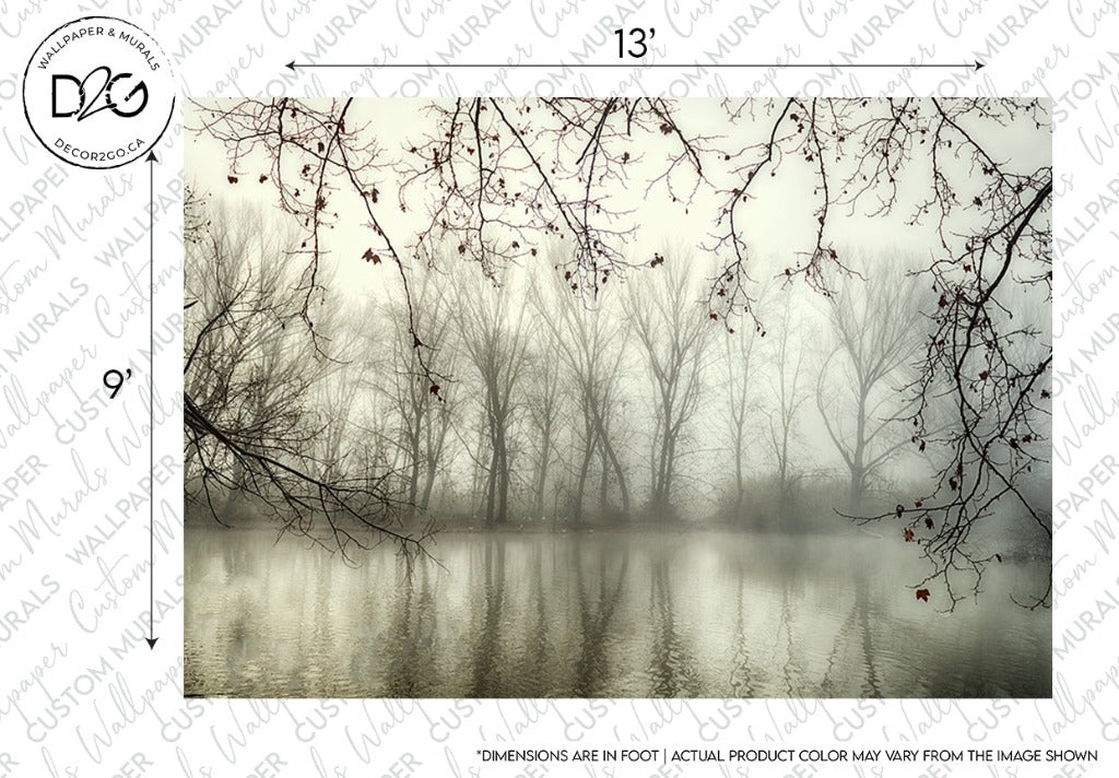 A serene landscape showing a misty river flanked by bare trees casting reflections on the water surface, with subtle watermarks and measurement labels overlayed, perfect as Decor2Go Wallpaper Mural decor.