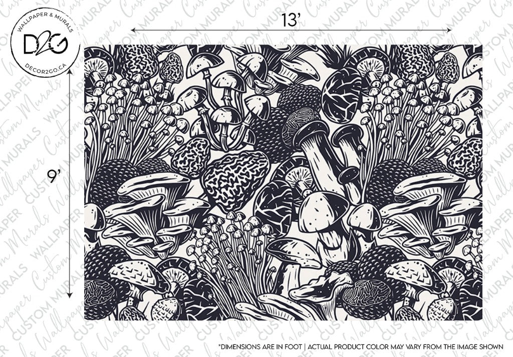 Detailed black and white botanical Decor2Go Wallpaper Mural illustration featuring a variety of Mushrooms lovers Wallpaper Mural, including some with textured caps and slender stems, densely packed in a natural, forest-like setting.