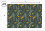 A seamless pattern of orange and yellow tropical leaves on a dark teal background, indicative of a custom-sized mural for Decor2Go Wallpaper Mural.