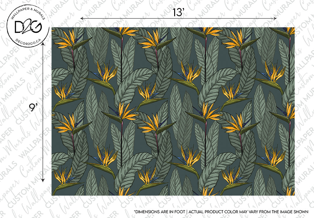 A seamless pattern of orange and yellow tropical leaves on a dark teal background, indicative of a custom-sized mural for Decor2Go Wallpaper Mural.