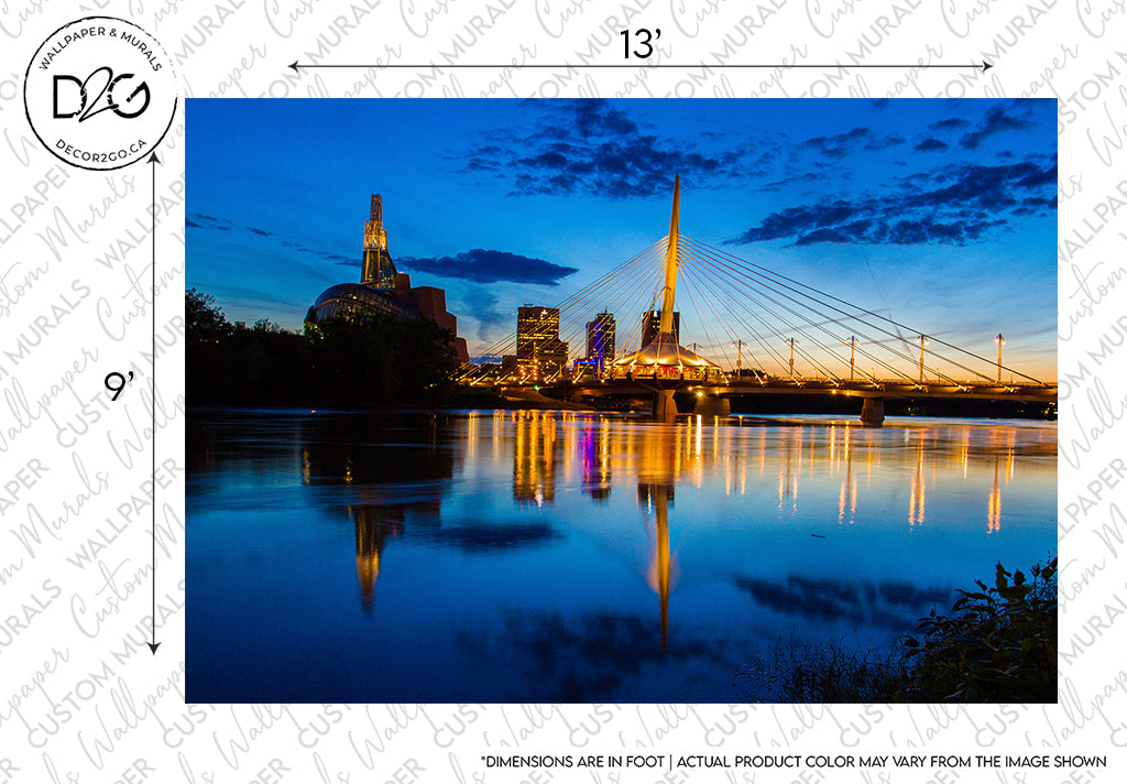 An evening view of a city skyline reflected on a river, featuring a modern suspension bridge and illuminated buildings against a Winnipeg Twilight sky, with Decor2Go Wallpaper Mural overlay and border suggesting a print.