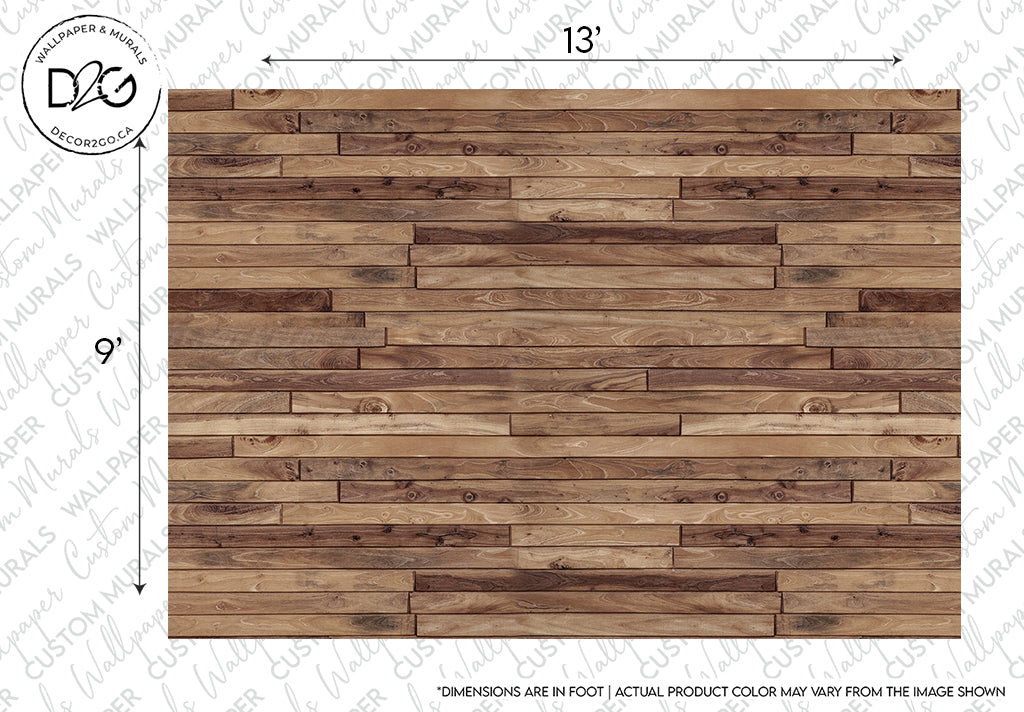 Rustic Wood Cabin Wallpaper Mural with varied shades of brown and a realistic wooden texture, featuring dimensions and the Decor2Go Wallpaper Mural logo at the top left corner.