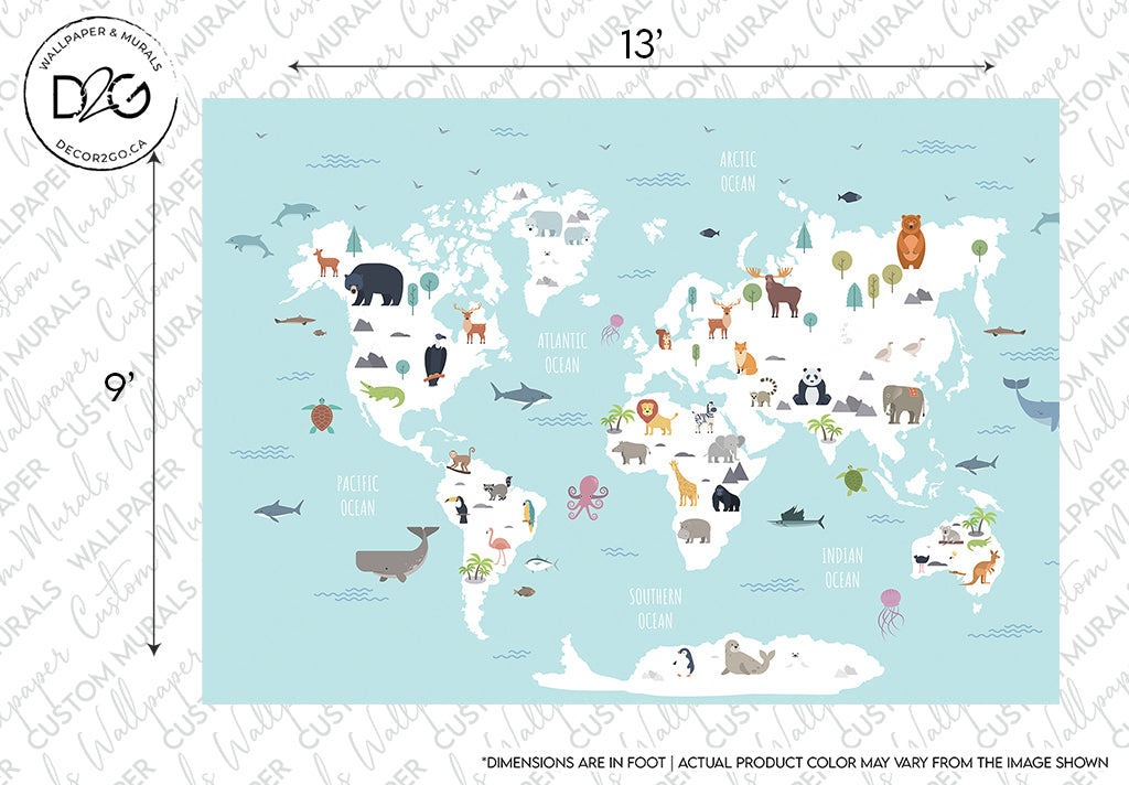 World Map with Wild Animals Blue Wallpaper Mural by Decor2Go Wallpaper Mural for children showing continents, countries, and various wild animals such as elephants, lions, bears, whales, and penguins. This educational decor piece measures 13 feet by 9 feet and is surrounded by a repeating "VIZUAL PRINT" watermark pattern.