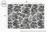 This image features the Forest Reverie Wallpaper Mural by Decor2Go Winnipeg, a decorative black and white wallpaper with a detailed forest pattern, showcasing various trees, shrubs, and a pastoral scene. Measuring 13 feet in width and 9 feet in height, this intricate forest design includes a background brand watermark.