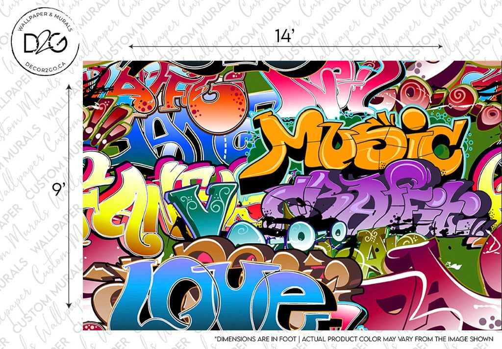 Colorful Urban Colors Wallpaper Mural featuring words "hip hop," "music," and "love" in vibrant colors, with dynamic abstract shapes and designs in the background.
