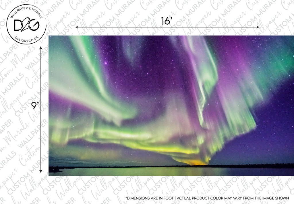 A breathtaking display of the Aurora Borealis Wallpaper Mural, featuring vibrant colors of purple and green across the night sky, reflected in a tranquil blue lake below by Decor2Go Wallpaper Mural.