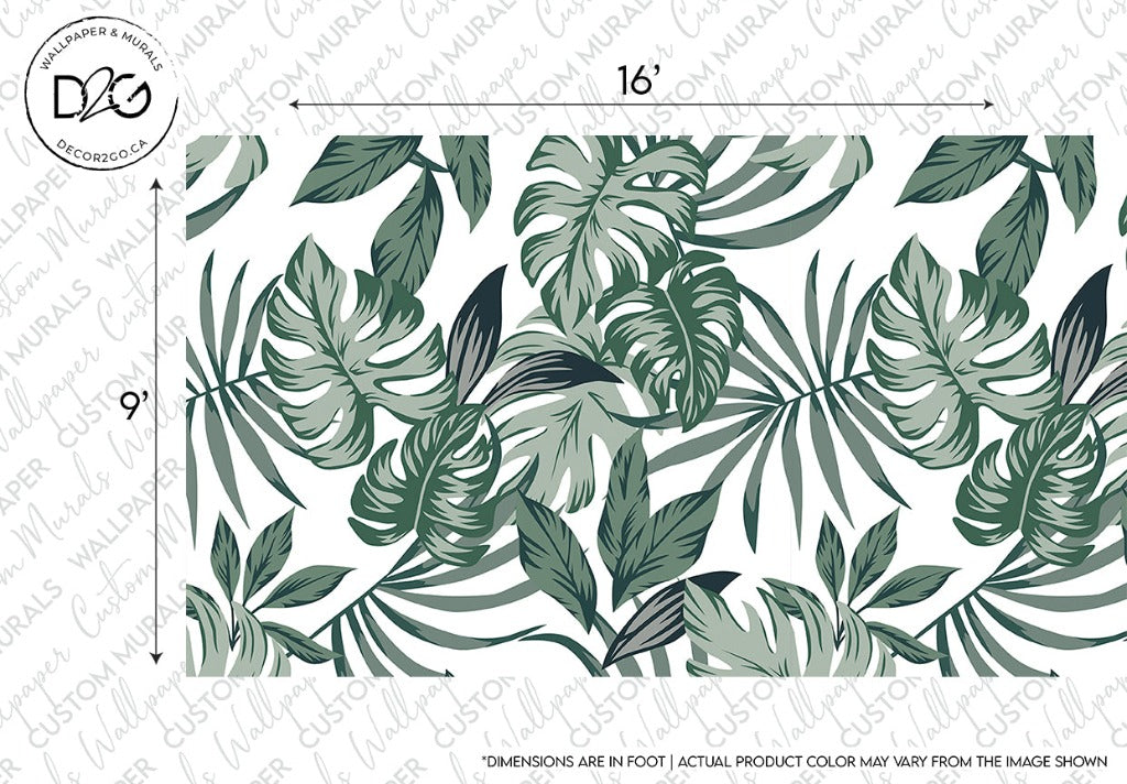 A graphical representation of Big Green Leaves Wallpaper Mural with various shades of green, spread across a dimension-marked background. This image also includes the logo "Decor2Go Wallpaper Mural" at the top left.