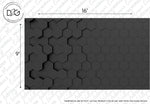 A black 3D hexagonal tile pattern with dimensions labeled, 16 inches by 9 inches, displayed on a Decor2Go Wallpaper Mural catalog page with a disclaimer about color variation.