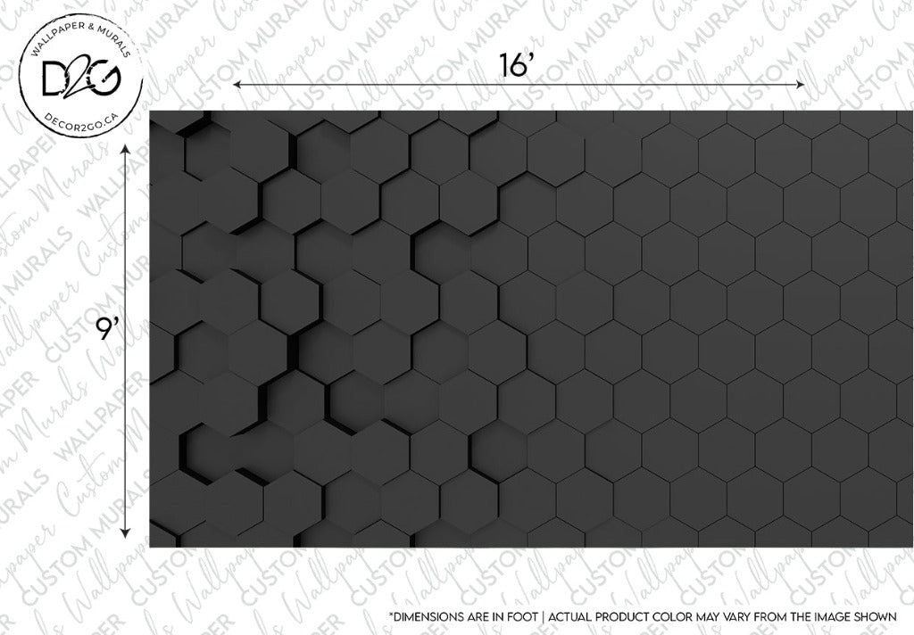 A black 3D hexagonal tile pattern with dimensions labeled, 16 inches by 9 inches, displayed on a Decor2Go Wallpaper Mural catalog page with a disclaimer about color variation.