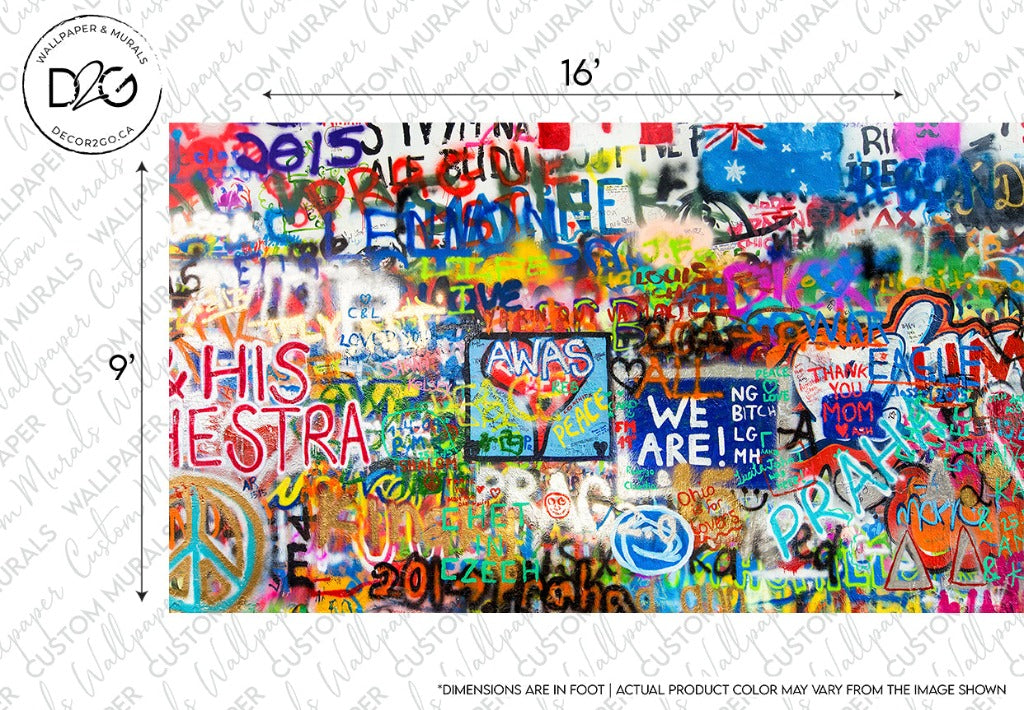 A vibrant and densely layered graffiti wallpaper featuring an array of colorful tags, expressions, and symbols, including words like "love," "peace," and various artistic doodles from the Decor2Go Wallpaper Mural Creative Freedom.