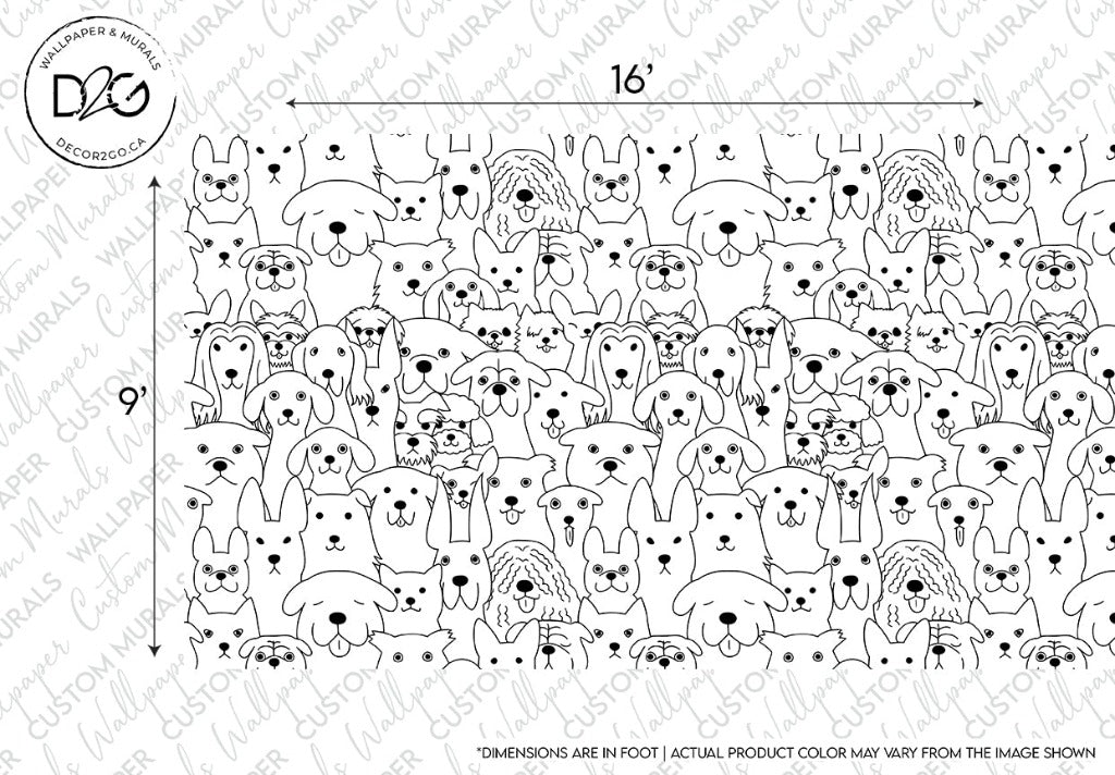 Black and white illustration featuring an assortment of different cartoon dog breeds densely packed together to create a stunning dog lover mural, covering the entire image area, with each dog depicted in a playful and unique pose. This is the Dog Loft Wallpaper Mural from Decor2Go Wallpaper Mural.