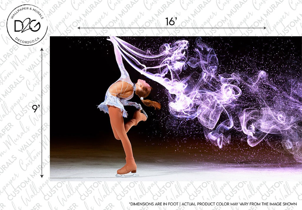 A female figure skater performs an elegant pose on ice, captured in a Figure Skater Wallpaper Mural by Decor2Go Wallpaper Mural. Digital purple and white smoke effects swirl around her, enhancing the scene. She wears a