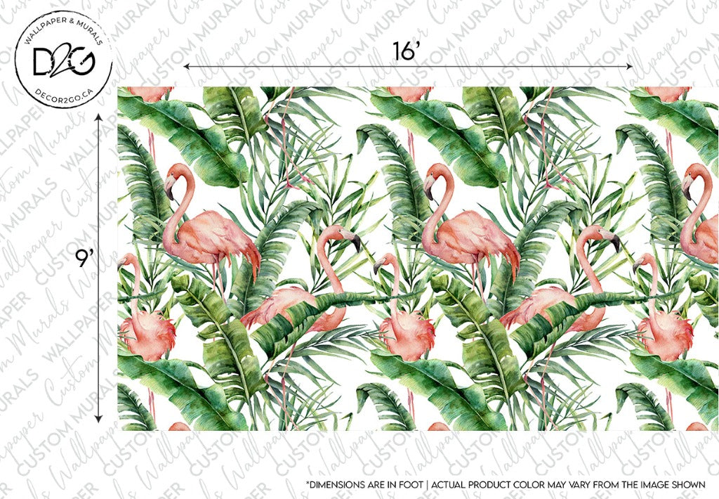 A vibrant pattern featuring pink flamingos nestled among lush green tropical leaves on a white background. Dimensions marked for scale.
becomes
A vibrant pattern featuring Flamingos and Tropical Leaves Wallpaper Mural by Decor2Go Wallpaper Mural. Dimensions marked for scale.
