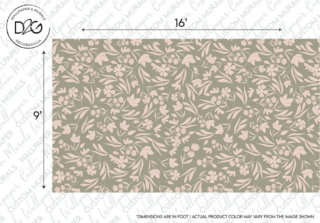 A Floral Bliss Wallpaper Mural design featuring intricate branches and pink flowers in soft green hues on a grey background. The image includes dimensions and a Decor2Go Wallpaper Mural logo.