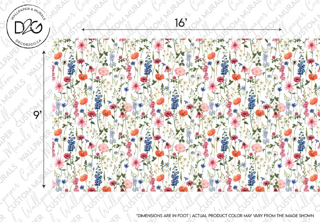 A digital image showcasing a cozy vibe Floral Summer Wallpaper Mural design by Decor2Go Wallpaper Mural. The repetitive pattern features an array of colorful flowers and greenery on a white background, with dimensions marked as 16 by