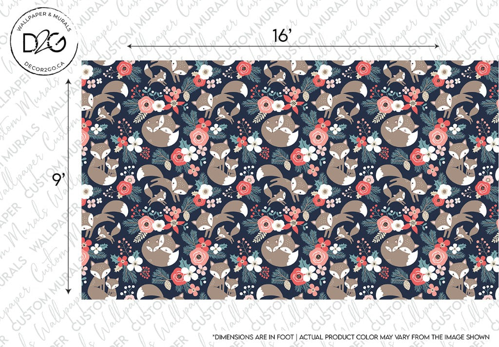 A colorful Fabric2Go Wallpaper Mural featuring a repetitive pattern of foxes, floral elements, and leaves on a dark background, with dimensions marked for accurate sizing.