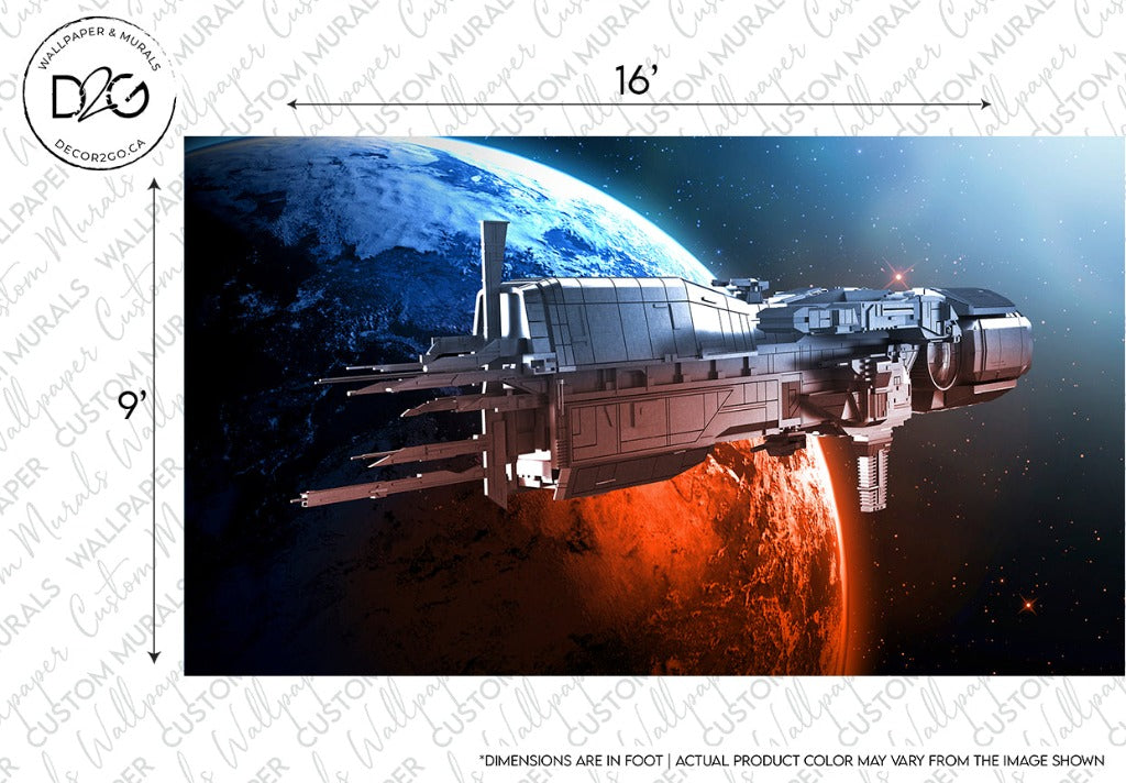 Illustration of a large, detailed Galactica Wallpaper Mural spaceship orbiting between a blue planet and a red planet, showcasing a futuristic design against a star-filled outer space background by Decor2Go Wallpaper Mural.