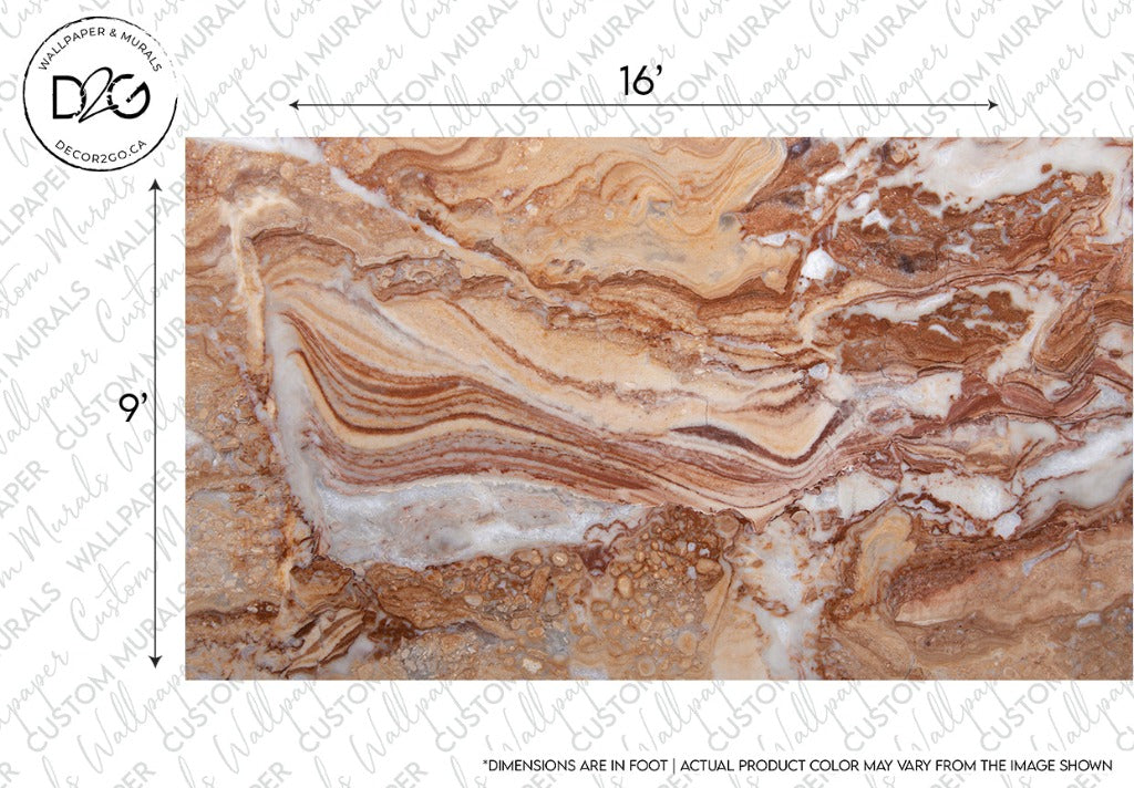 A detailed image of a multicolored Gemstone Diffused Marble Wallpaper Mural pattern with swirling shades of brown, tan, and white, measuring 16 by 9 inches, with a dimensional disclaimer at the bottom. Brand Name: Decor2Go Wallpaper Mural