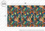Heart of the Jungle Wallpaper Mural by Decor2Go Wallpaper Mural featuring an array of colorful flowers, leaves, and birds intertwined. The display includes dimensions, indicating the scale of the pattern.