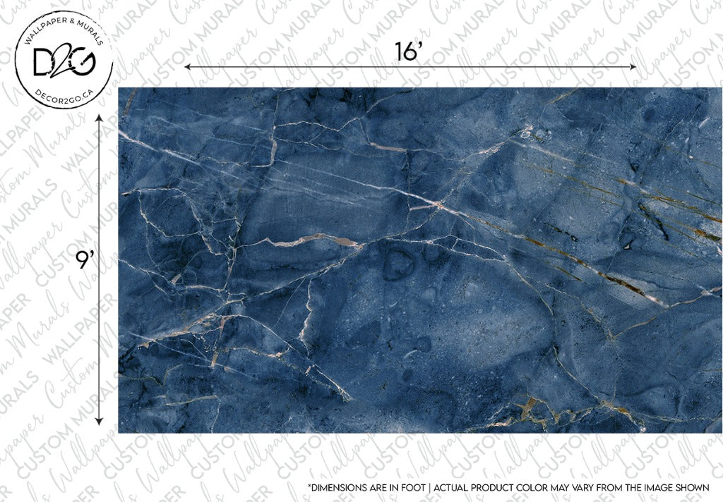 High-resolution image of a blue marble slab featuring intricate white and cream veining, perfect for a Decor2Go Wallpaper Mural feature wall, with dimensions labeled 16" by 9". Text warnings note that.