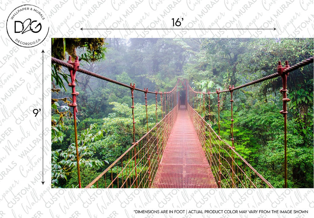 A long, narrow red suspension bridge stretches across a leafy environment, enveloped in mist, with dimensions labeled as 16 inches by 9 inches on the Decor2Go Wallpaper Mural blueprint-style overlay.