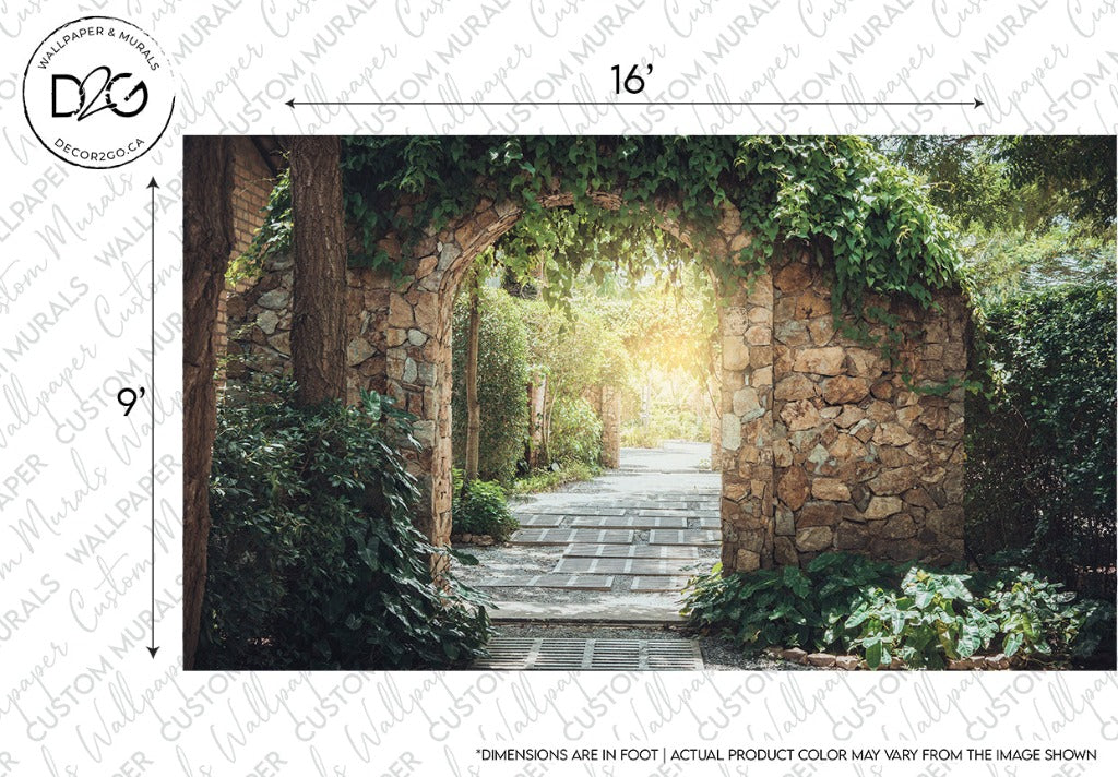 A serene pathway framed by rustic stone archways covered in lush green vines, leading through a sunlit garden with a Magical Trail Wallpaper Mural design on a wooden walkway, surrounded by trees and sunlight filtering through by Decor2Go Wallpaper Mural.