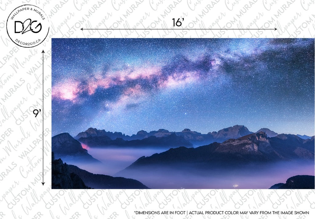 A panoramic Milky Way Mountains Wallpaper Mural by Decor2Go Wallpaper Mural featuring a vibrant milky way galaxy arching over mist-covered mountain peaks under starry skies. Sky measurements and disclaimers are visible, noting potential color variance.
