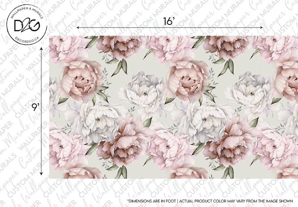More Peonies Wallpaper Mural pink and gray with geen leaves, sizes