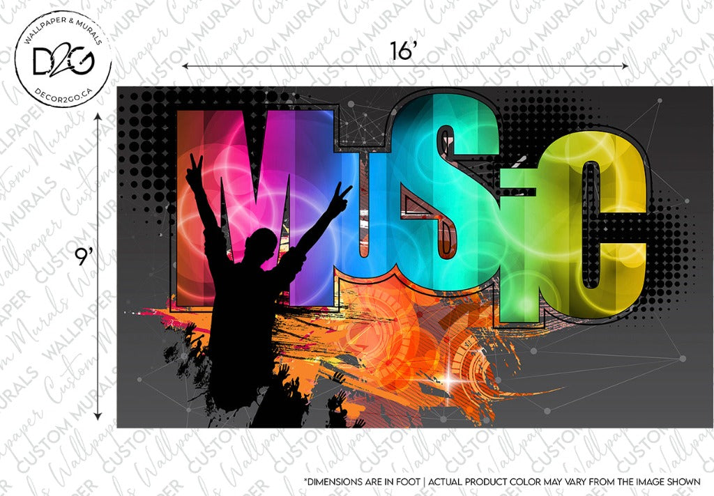 Colorful Decor2Go Wallpaper Mural featuring the word "music" in large, bold letters with a silhouette of a person raising their hands in joy against an artistic, vibrant background. Includes custom sizing annotations.
