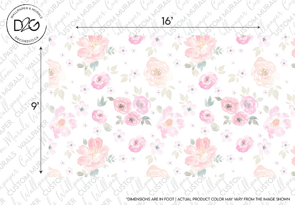 A Decor2Go Wallpaper Mural featuring soft pink and coral roses with green leaves on a speckled white background, with dimensions marked as 16 by 9 inches.