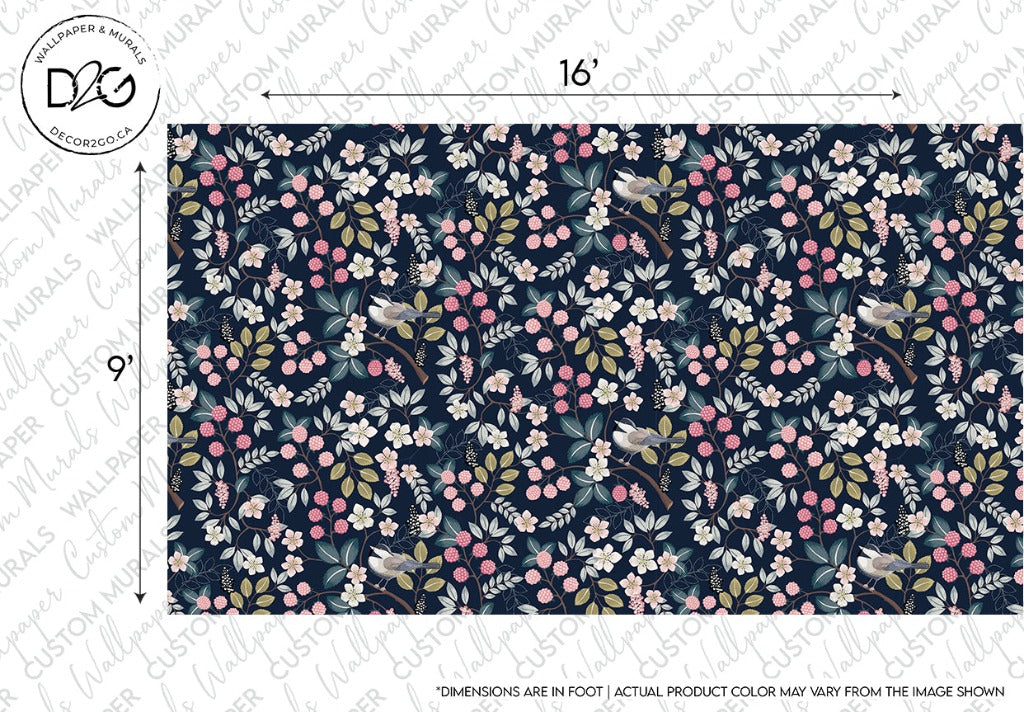 A Nature's Bliss Wallpaper Mural featuring a dark blue background with a floral pattern in shades of pink, white, and green, with custom sizing noted as 16 by 9 inches.