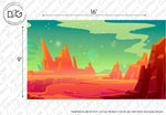 Decor2Go Wallpaper Mural featuring a No Man's Sky Wallpaper Mural, with towering red rock formations, a glowing orange sky, and distant green-tinted moons. Dimensions are marked as 16" by