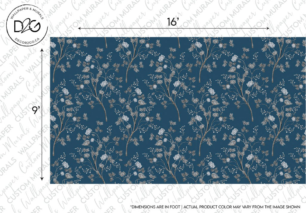 A floral patterned Decor2Go Wallpaper Mural design featuring white botanical illustrations on a deep blue background, with dimensions marked as 16" by 9".