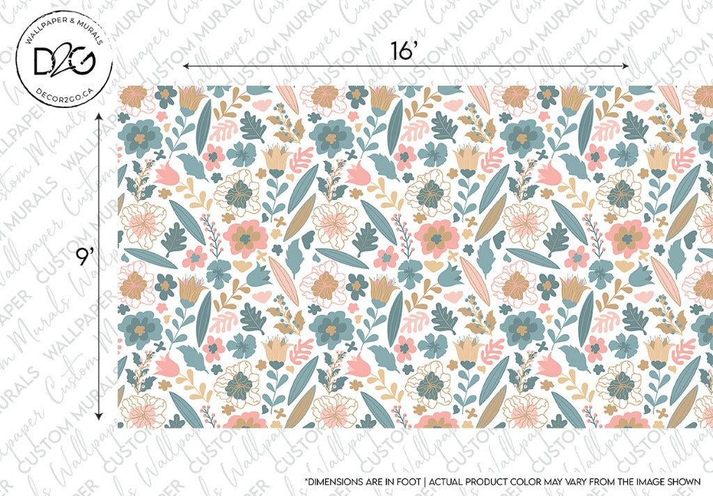 Pastel Flowers Wallpaper Mural in blue and pink colors , sizes