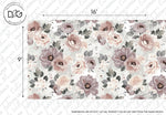 An elegant Decor2Go Wallpaper Mural design featuring patterns of pink, taupe, and gray flowers with green leaf accents, against a speckled light backdrop, with dimensions marked as 16 by