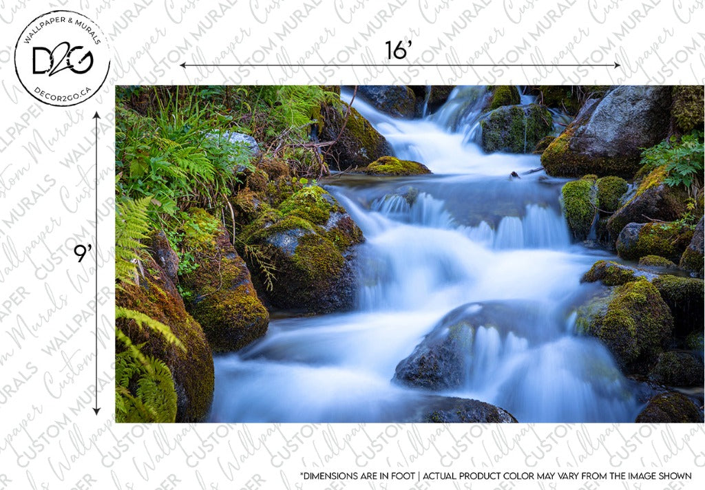 A tranquil oasis with a serene stream flowing smoothly over moss-covered rocks in a lush green forest, captured with a long exposure to create a silky water effect. - A peaceful waterfall wallpaper mural from Decor2Go Wallpaper Mural.