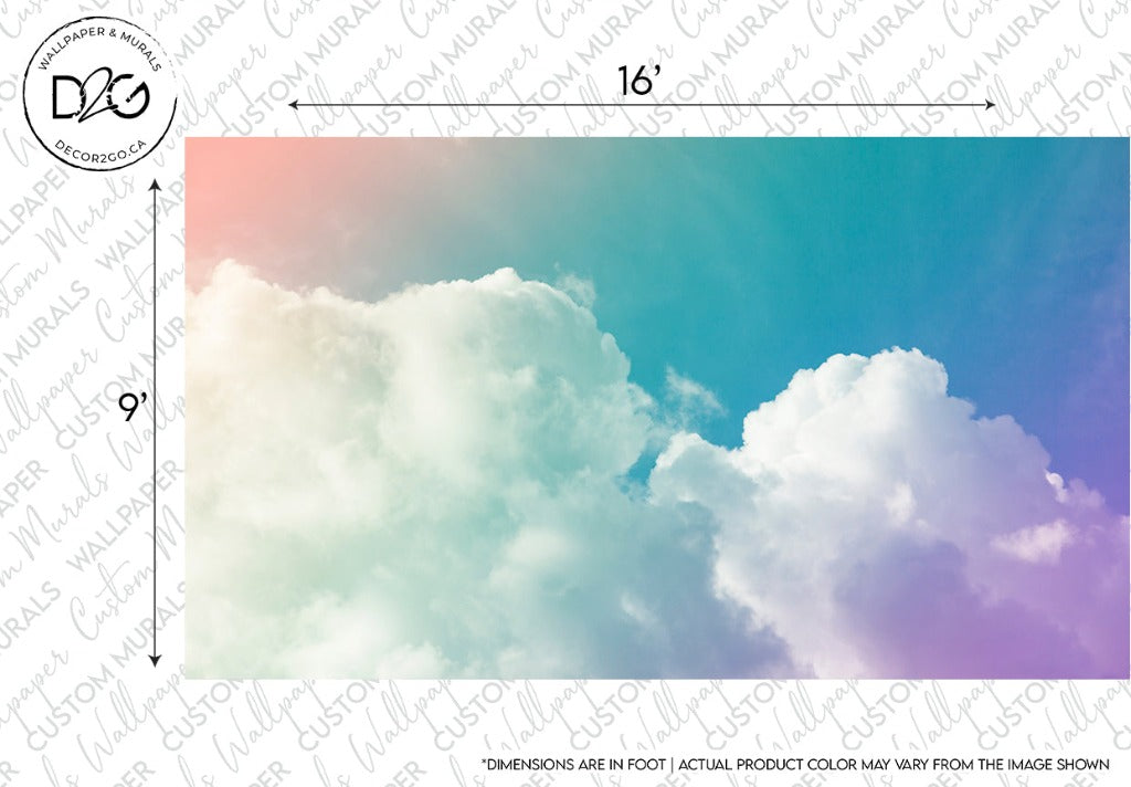 A Decor2Go Wallpaper Mural measuring 9 feet by 16 feet featuring a dreamy sky with fluffy white clouds and a gradient background transitioning from soft pink on the left to teal and blue on the right, creating an enchanting beauty that evokes a serene and magical atmosphere is called Rainbow Sky Wallpaper Mural.