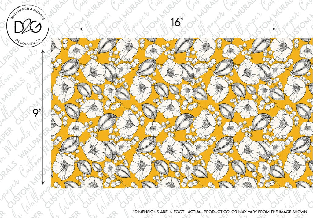 A vibrant wallpaper design displays a repetitive pattern of gray and white flowers with leaves on an orange background, evoking a Retro Floral Wallpaper Mural feel. The dimensions are 16 feet by 9 feet and it features watermarked "CUSTOM WALLPAPER & MURALS" and "Decor2Go Wallpaper Mural" logos. Custom sizing is available.