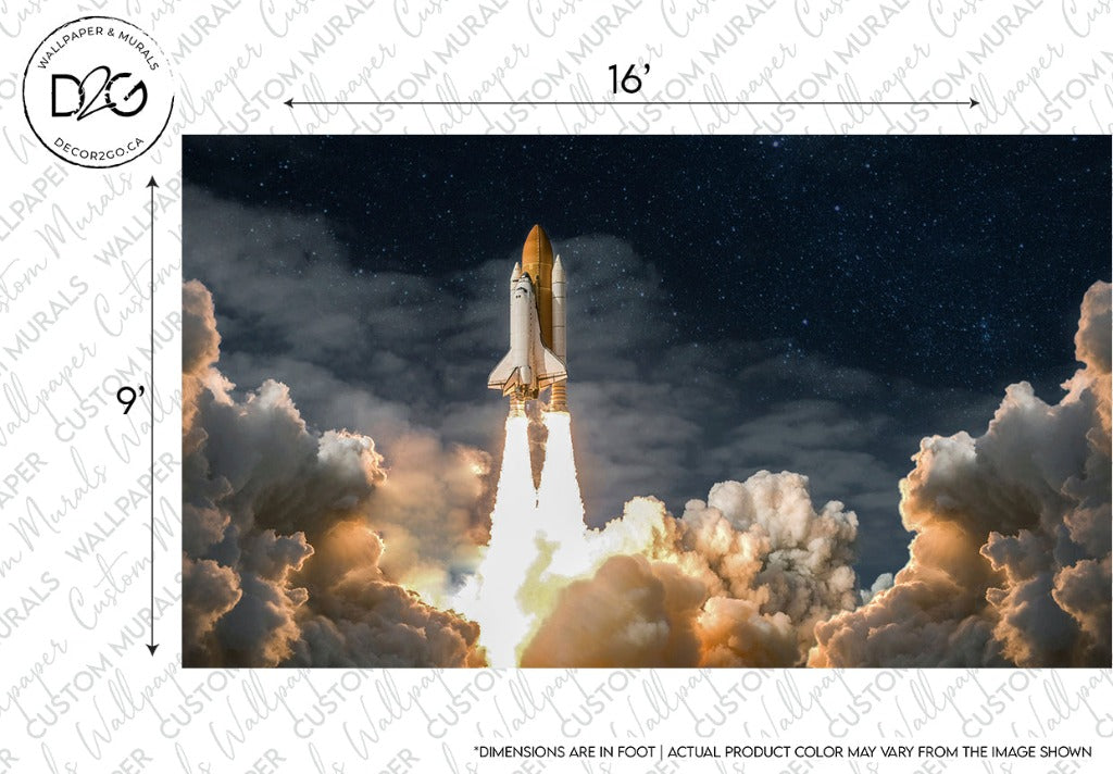 Decor2Go Wallpaper Mural "Rocket to the Moon" mural ascending through clouds against a starry sky, with visible rocket flame. Watermarked sample image with dimensions labeled, for custom mural wallpaper mockup.