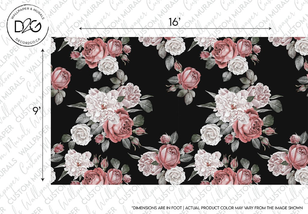 Roses and Peonies Over Black Wallpaper Mural ,sizes