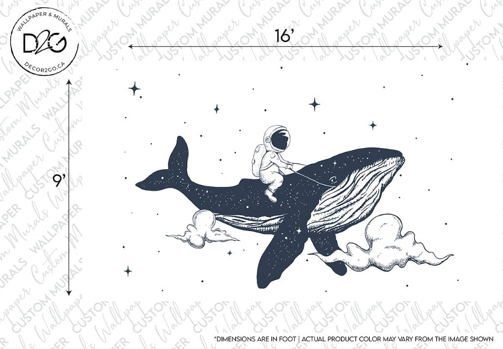 A whimsical illustration of a person in an astronaut suit riding on the back of a large Space Whale that is flying through the sky. The whale is surrounded by clouds and stars, evoking a dream-like aesthetic. The numbers 16' and 9' indicate dimensions in feet, perfect for Decor2Go Wallpaper Mural's Space Whale Wallpaper Mural.