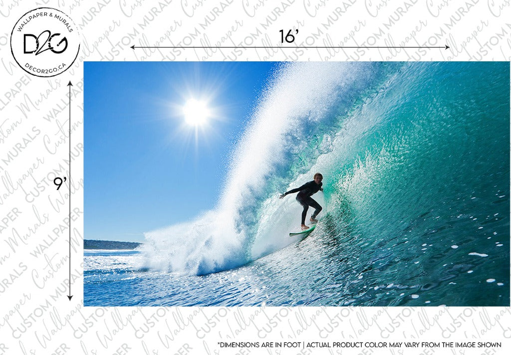 A surfer riding a large blue wave under a bright sun with clear skies showcases the ocean's beauty. Water sprays around, capturing the motion and energy. The Surfer on a Wave Wallpaper Mural by Decor2Go Wallpaper Mural, with dimensions of 16 feet in width and 9 feet in height, exudes premium quality.