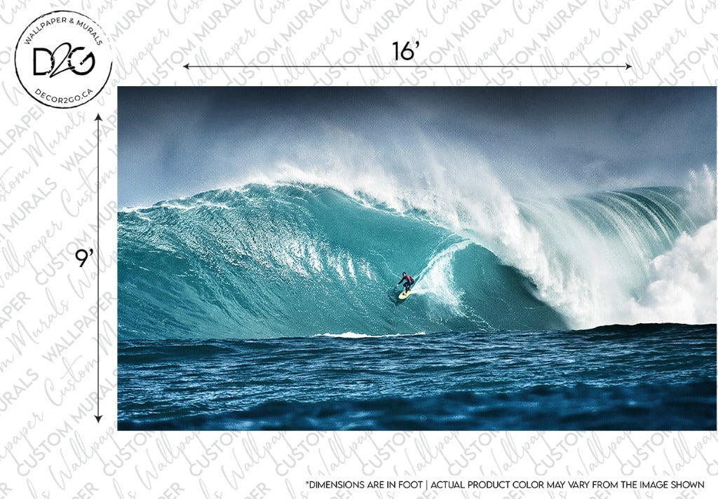 A Surfer dressed in red and blue conquers a massive turquoise wave; this Decor2Go Wallpaper Mural captures the dynamic action of water and the scale of the wave against a clear sky.