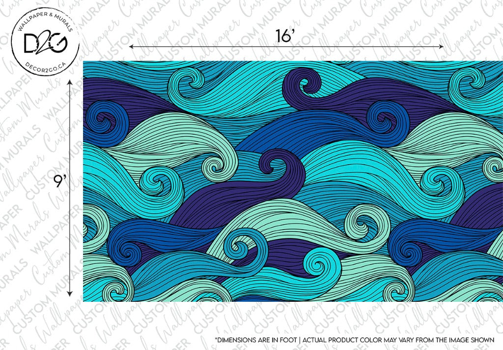 A playful mural design featuring a pattern of stylized ocean waves in shades of blue, turquoise, purple, and green. The 16-foot wide and 9-foot tall artwork has a background with a repeated watermark reading "Decor2Go Wallpaper Mural" and other relevant info, giving it versatile appeal.
