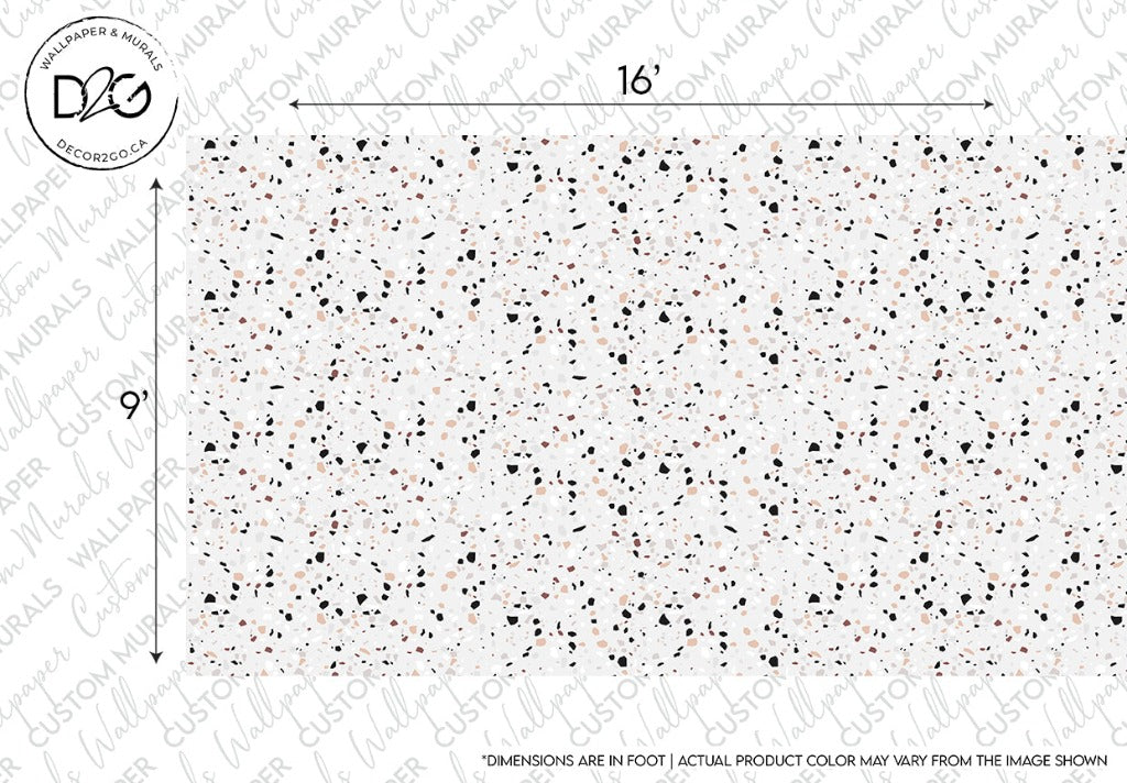 Alt text: a rectangular sample of luxurious Decor2Go Wallpaper Mural terrazzo design flooring, predominantly white with a scattered pattern of small black, gray, and red specks. Measurement markers indicate dimensions of 16 by 9.