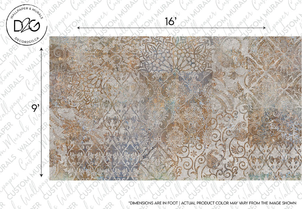 A decorative Ancient Garden Wallpaper Mural featuring intricate, interwoven floral and geometric patterns in muted earth tones, measuring 16 by 9 inches. The texture and subtle color variations give it a vintage elegance.