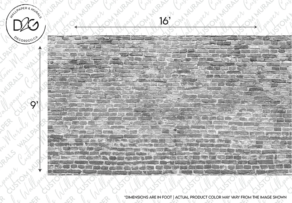 A grayscale image depicts a 16-foot by 9-foot brick wall exuding industrial charm with its aged, weathered appearance. The uniformly arranged rectangular bricks and visible mortar add to its rugged allure. Measurement arrows indicate the dimensions, and text states: "Dimensions are in foot." The wall is covered with the Washed Grey Brick Wall Wallpaper Mural by Decor2Go Wallpaper Mural.
